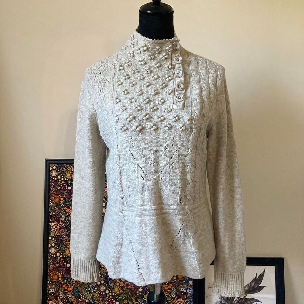 Lambswool Oatmeal Cream Knit Sweater Medium Henley Button Collar Peplum Women